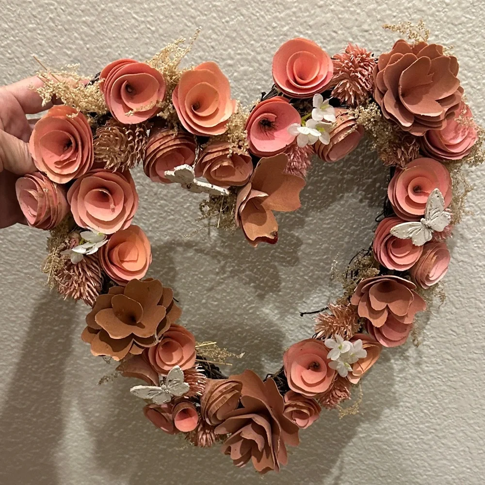 Handmade Boho Heart Wreath | Blush Pink Floral Wall Decor Rustic Cottagecore
